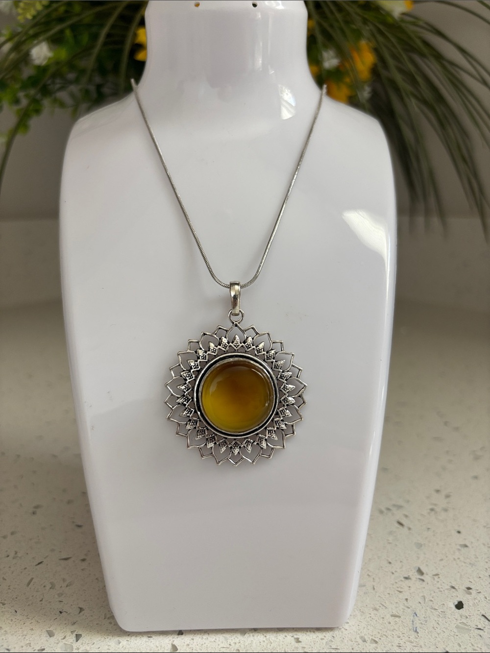 Hand Crafted Silver Sunburst Necklace with Amber Brown Cabochon